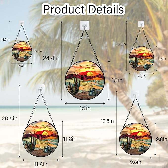 Stained Glass Window Hanging, Golden Landscape Dusk Sunset Suncatcher for Doors Window Home Cactus Sun Catchers Decoration Mother's Day Birthday Gifts for Women, Men, and Mom 11.8 in