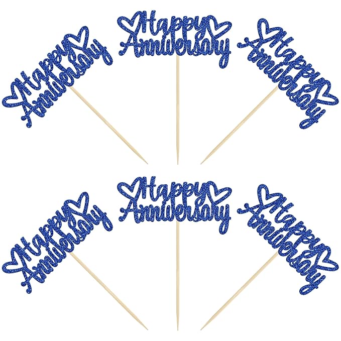 Gyufise 24Pcs Happy Anniversary Cupcake Toppers Glitter Anniversary Party Supplies Cake Decorations Wedding Celebration Party Decoration Supplies Blue