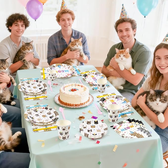 Cats Happy Birthday Party Plates Set, 168PCS Cats Themed Paper Plates Napkins Cups and Colorful Cutlery Set, 24 Set Cat Disposable Tableware Set for Birthday Party Supplies