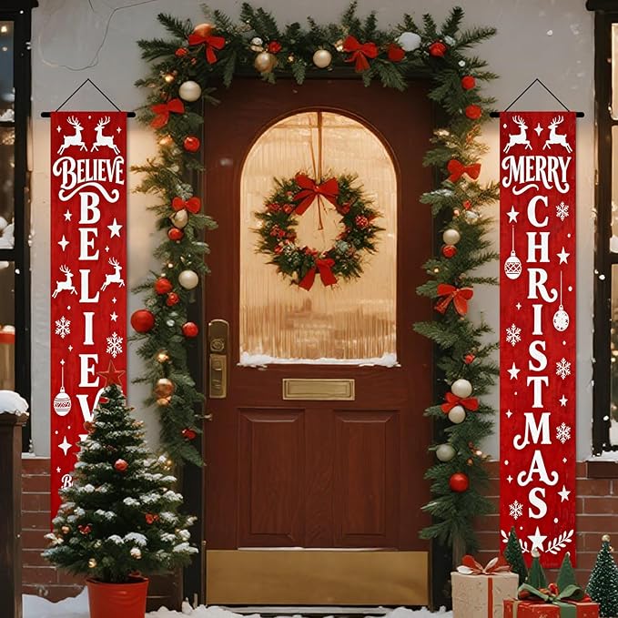 Nuxovilar Believe Merry Christmas Ornament Decor Polyester Banner 12x70.86 Inches Christmas Door Banner, Inspirational Decor for Church, Lounge, Festive Gatherings