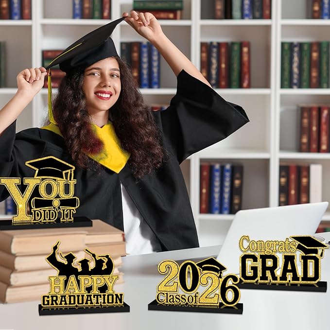 4Pcs Graduation Decorations Class of 2026 Wood Table Centerpieces Congrats Grad Wooden Sign Graduation Table Toppers Congratulate Tiered Tray Decor for 2026 Graduation Party (Black-Gold)