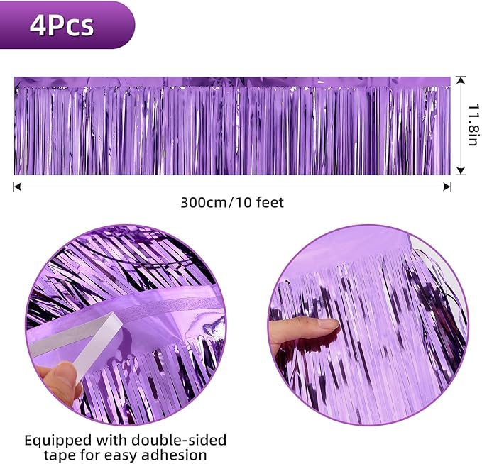 4 Packs Foil Fringe Garland Tinsel Streamers Shiny Wall Hanging Birthday Banner Backdrop for Graduation Wedding Anniversary Celebration Happy Birthday Party Decorations Light Purple