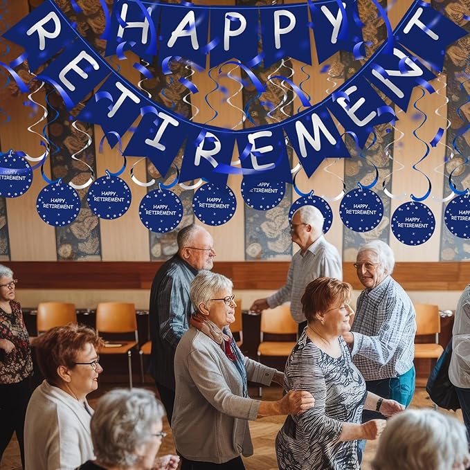 Retirement Party Decorations for Men Women Blue Silver Happy Retirement Banner Hanging Swirls Kit for Retire Party Decor Supplies