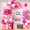 Pink 5th Birthday Balloons Decorations, Hot Pink Rose Polka Dots Balloon Arch Kit, Huge Bow Foil Balloons, pink Number 5 Balloon Tower for Baby Shower Girls Princess 5th Theme Party