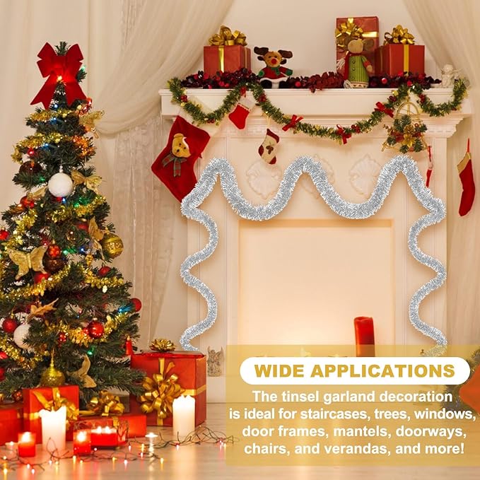 50 Feet Silver Christmas Tinsel Garland, Metallic Foil Twist Banner Wall Hanging Tinsel Streamers Backdrop for Parade Floats, Christmas, Mother's Day, Birthday Party Decorations(2in x 50ft)