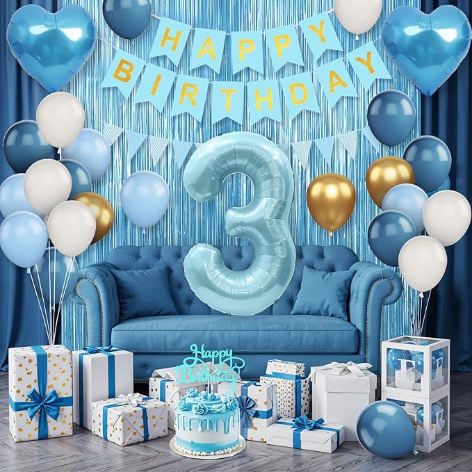 3rd Birthday Decorations Blue White Gold,3rd Birthday Balloons with Happy Birthday Banner Fringe Curtain Heart Foil Balloons for Boys Girls 3 Year Old Birthday Decor
