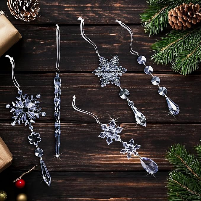 18pcs Crystal Christmas Ornaments for Christmas Tree Decorations-Royal Blue Hanging Acrylic Snowflake and Icicle Ornaments with Drop Pendants for New Year Party Decorations Supplies