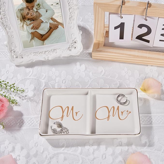 Mr. and Mrs. Ring Dish Engagement Gifts for Couples Wedding Ring Holder Jewelry Dish Tray, Bridal Shower Gifts for Women Newlywed Future Bride To be Gifts His and Hers Gifts