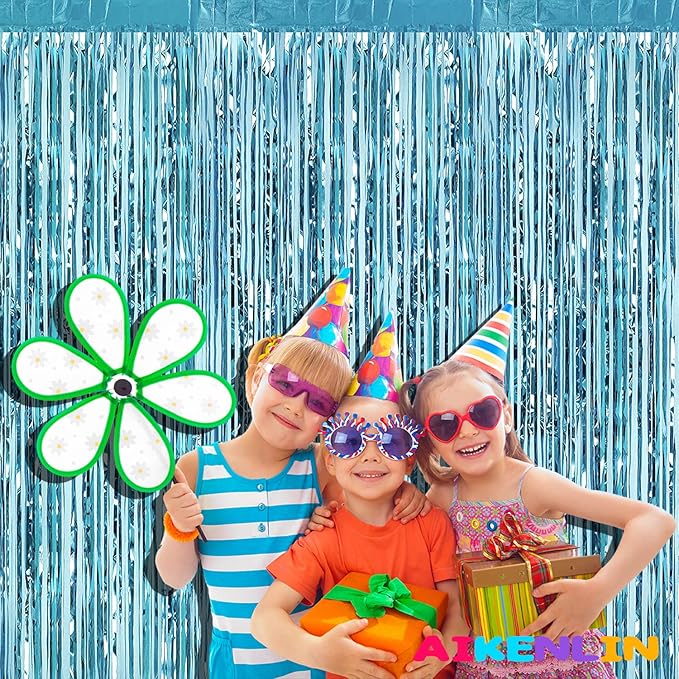 4 Pack 3.3Ft x 6.6Ft Light Blue Foil Fringe Curtain Backdrop, Metallic Tinsel Foil Fringe Streamers Curtains Background for Photo Booth, Birthday, Wedding, Halloween, Christmas Party Decoration