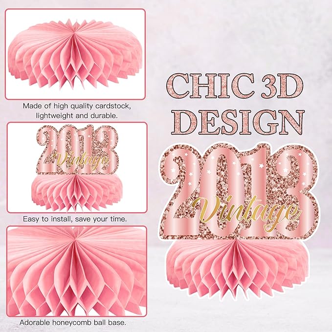 9Pcs 13th Birthday Decorations Rose Gold 13th Birthday Party Decorations for Girls,Pink Happy 13 Years Honeycomb Centerpieces Table Sign Decor Supplies