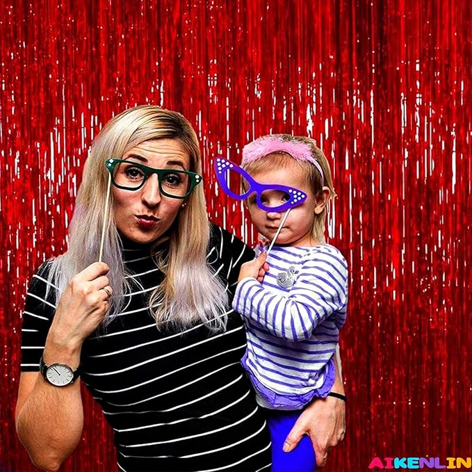 4 Pack 3.3Ft x 6.6Ft Red Foil Fringe Curtain Backdrop, Metallic Tinsel Foil Fringe Streamers Curtains Background for Photo Booth, Birthday, Wedding, Halloween, Christmas Party Decoration