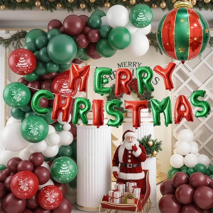 Merry Christmas Balloons Garland Arch Kit 115pcs Red Dark Green Balloons Deer Christmas Tree Print Balloons Ball Letters Foil Balloon for Merry Christmas Xmas New Year Friendsmas Birthday Party Decor