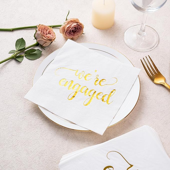 WRAPAHOLIC 50Pcs Gold We're Engaged Napkins - 3 Ply Disposable Paper Luncheon Napkin for Tableware Party Supplies - 6.5 x 6.5 In