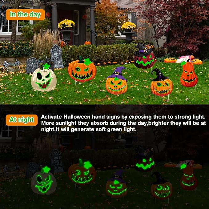 Soaoo 6 Pack 16 Inch Halloween Decoration Outdoor Fluorescence Halloween Pumpkin Yard Signs with Stakes Spooky Faces and Witch's Hat Lawn Signs Scary Front Yard Decor for Holiday Party Decor