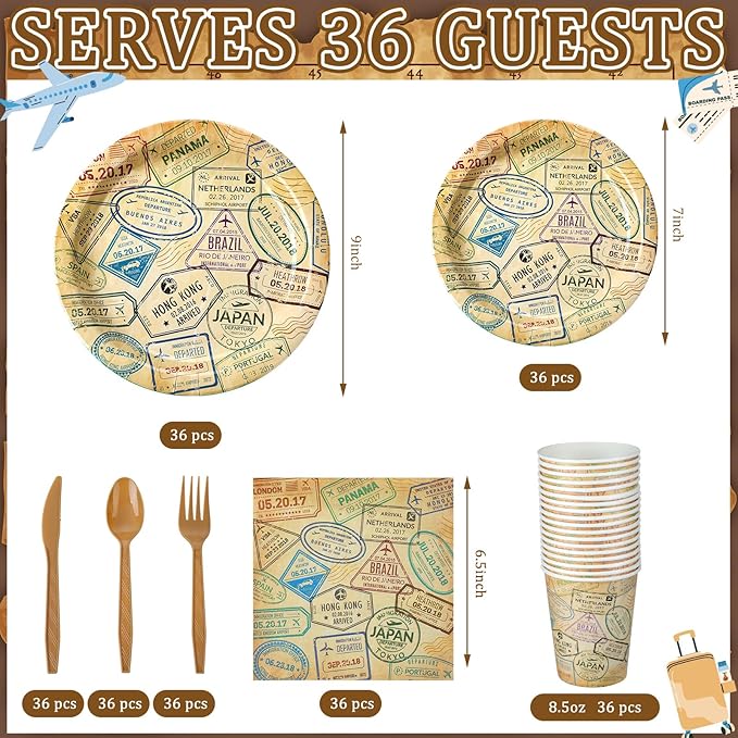 Yungyan 252 Pcs Travel Plates and Napkins Set Around the World Themed Party Supplies Disposable Voyage Travel Paper Napkins Plates Cups Airplane Adventure Retirement Party Decorations Serves 36 Guests
