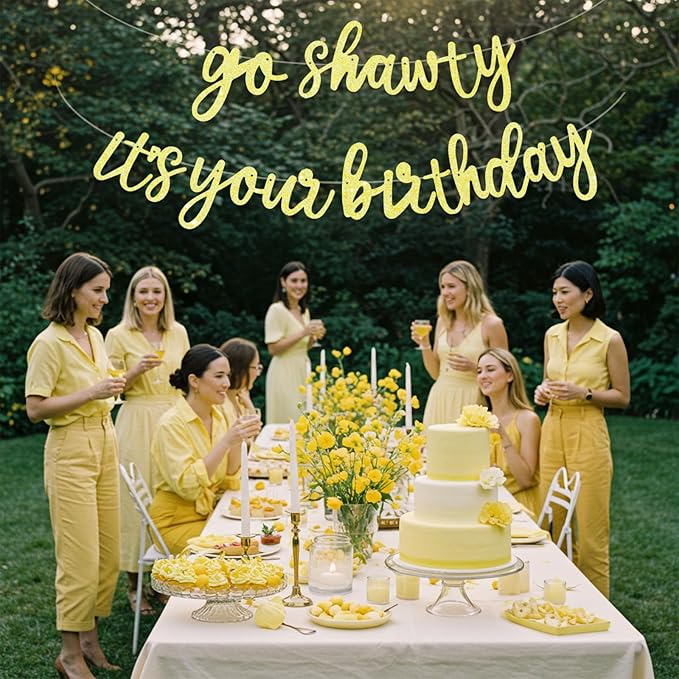 BEISHIDA Go Shawty It's Your Birthday Banner NO DIY Hip Hop Theme Happy Birthday Banner Pre-Strung Rap Theme Happy Birthday Sign for Man Women birthday Party Supply Glitter Light Yellow