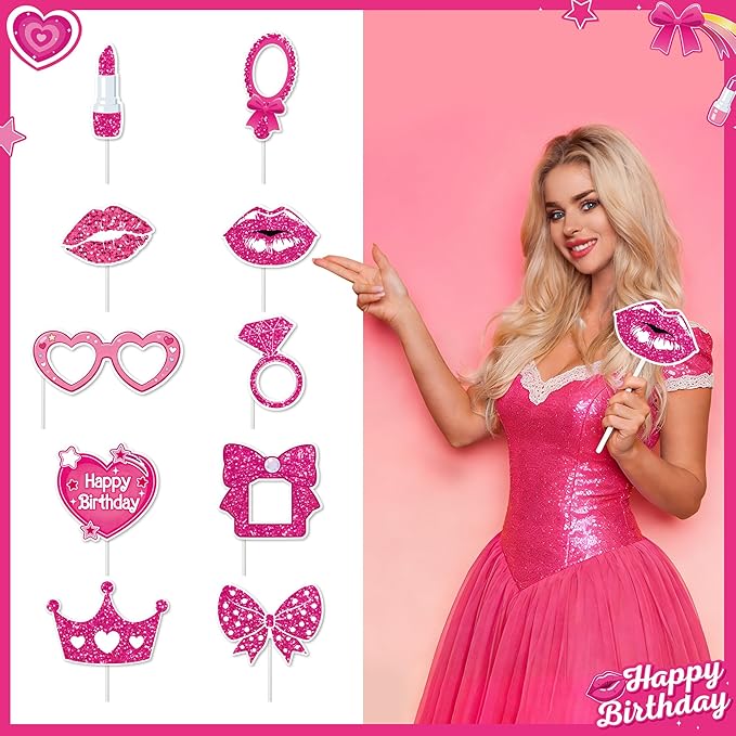 72PCS Pink Birthday Decorations for Girls, Pink Theme Party Supplies with Photo Booth Props & Selfie Frame Set, Banner, Foil Balloons, Tablecloth, Cake Toppers for 13th 16th 18th 21st Celebration.
