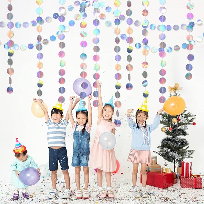 Syhood 10 Pcs Party Decorations Paper Dot Circle Garlands Glitter Streamers Hanging Banner Decor for New Year Baby Shower Wedding Birthday Backdrop Supplies (Iridescent Color)