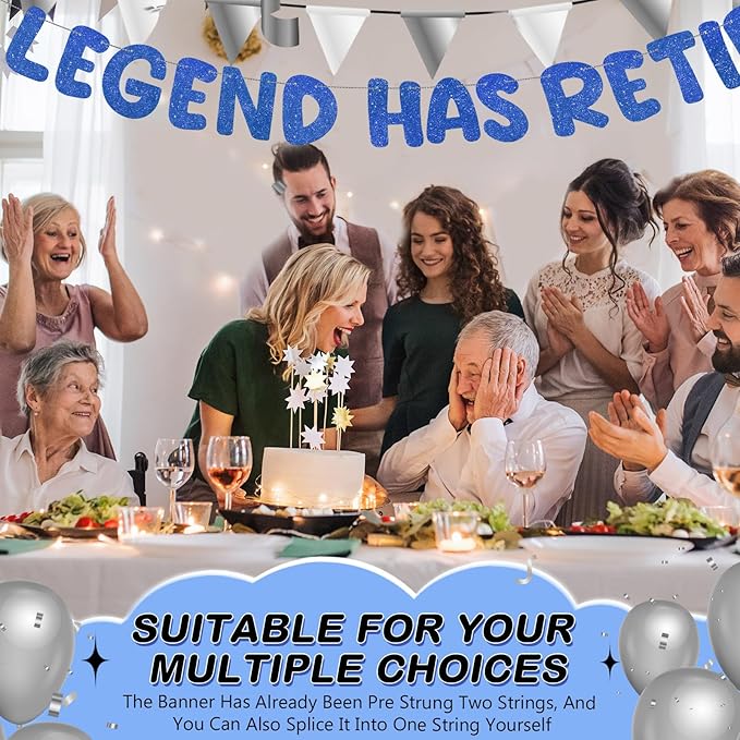 Fulmoon Pre Strung the Legend Has Retired Glitter Banner 9.8 ft Retirement Banner Retirement Party Decorations Garland Bunting for Men Women Gifts, No DIY(Blue)