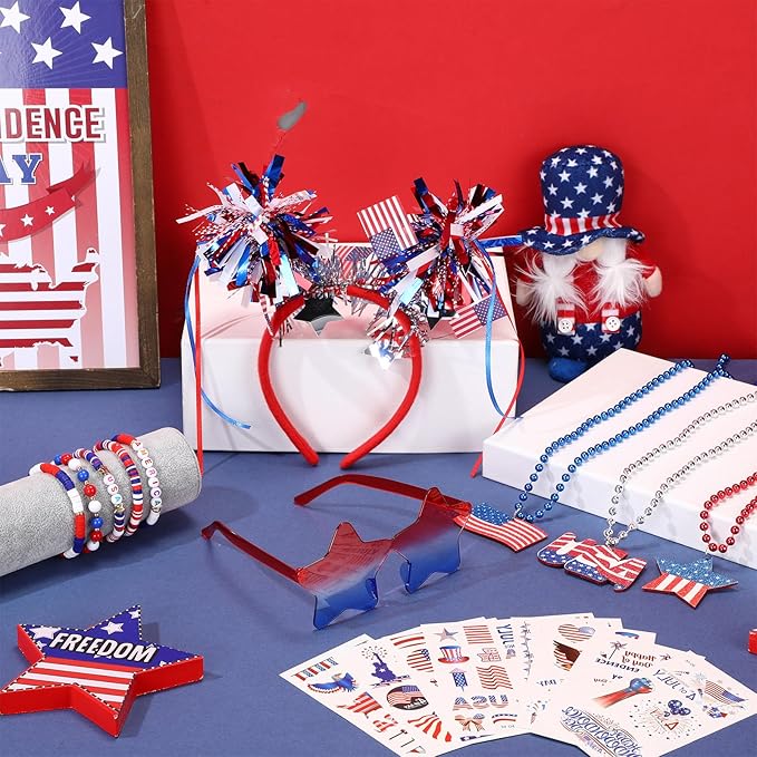 20 Pcs 4th of July Party Favors Accessories Include 1 Pc Headband, 3 Pcs Red White Blue Beaded Necklaces, 1 Sunglasses, 5 Pcs Bracelets, and 10 Stickers for Independence Day Memorial Day Celebrations