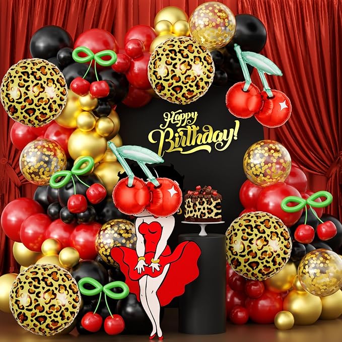 JOGAMS 170Pcs Betty Party Decorations,Cheetah Print Red and Black Party Decorations with Gold Confetti Cherry Cheetah Print Green 260 Balloons for Bachelorette Birthday Baby Shower Vintage Retro Party