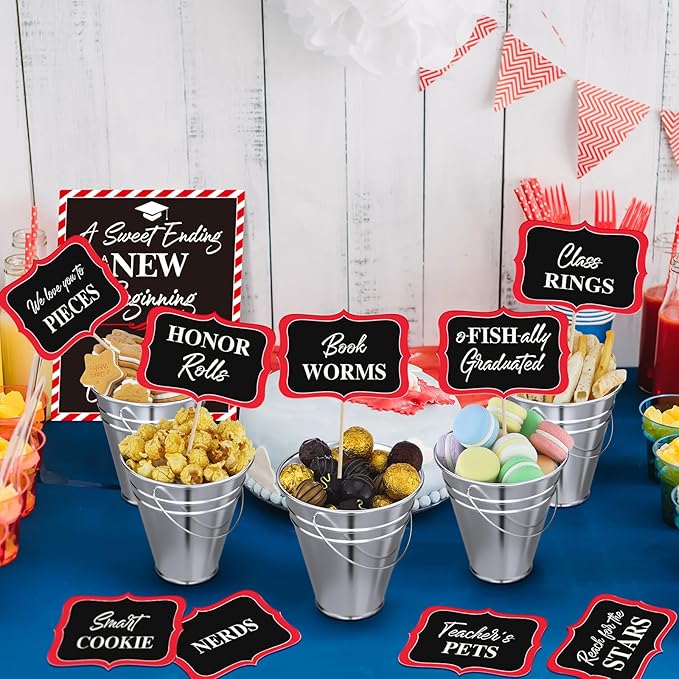 12 Set 2026 Graduation Candy Buffet Party Decoration Graduation Table Candy Bar Snack Labels Signs and 5'' Buckets with Handle for Class of 2026 Party Parties Supplies(Pure Style,Black,Red and Sliver)