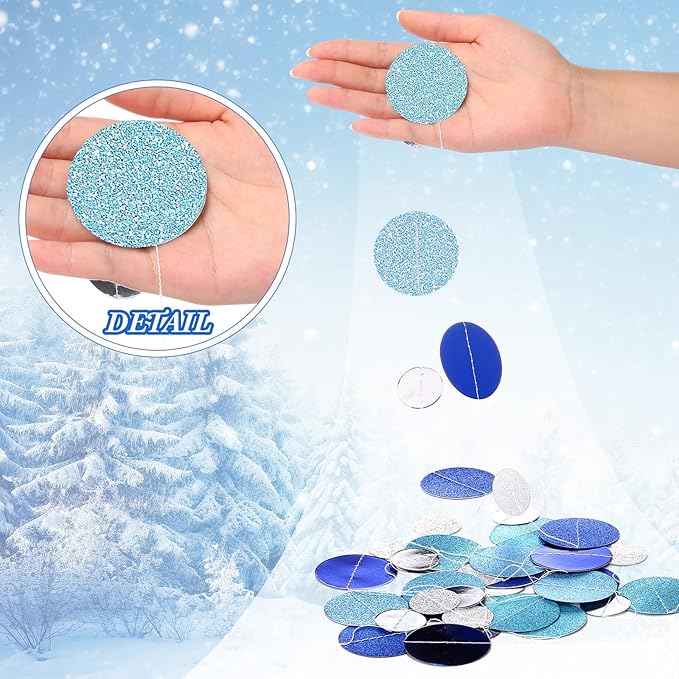 Outus 5 Pieces Round Dots Circle Garland Royal Navy Blue Hanging Paper Hanging Decor Each Length 13.1ft Glitter Paper Dot Streamers for Birthday Wedding Classroom Bridal Baby Shower(Silver, Blue)