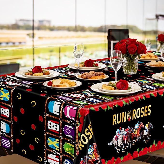 QZYL 4 PCS Derby Table Cloth, Disposable Plastic Derby Party Decorations, 54 x 108 Inch Horse Tablecloth, Kentucky Run for The Roses Tablecover for Horse Themed Party Decorations Supplies