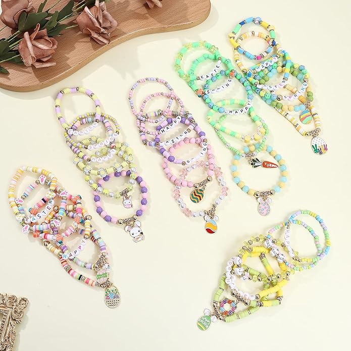 Cooluckday 36 Pcs Holiday Heishi Surfer Bracelets for Women Bulk Easter Mother's Day Christmas St. Patrick's Day Mardi Gras Bracelet Stackable Stretch Friendship Bracelets Set