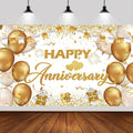 6x3.6ft Happy Anniversary Backdrop,White and Gold Happy Wedding Anniversary Party Banner Decorations Supplies Photo Booth Props