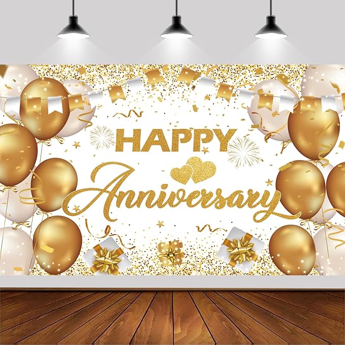 6x3.6ft Happy Anniversary Backdrop,White and Gold Happy Wedding Anniversary Party Banner Decorations Supplies Photo Booth Props