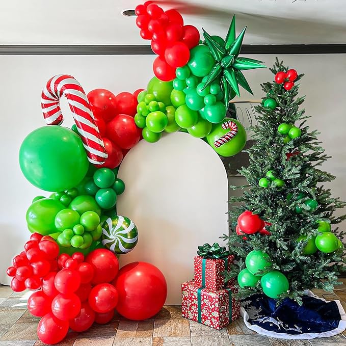 Christmas Balloon Garland Kit 143 Pcs Lime Green Dark Green Red Gold Balloons Arch with Candy Canes Foil Balloon Explosion Star Balloons for Xmas Ugly Sweater Friendsmas Birthday Party Decor
