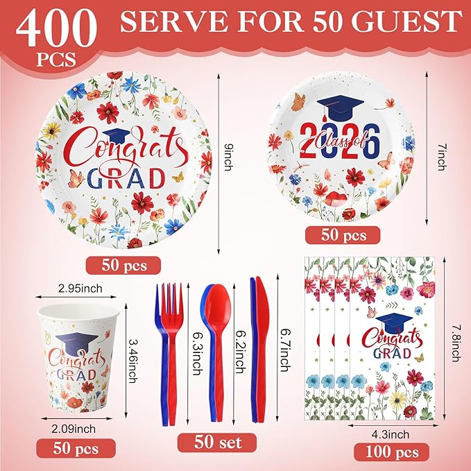 400 Pcs Class of 2026 Blue Floral Graduation Decorations for 50 Guests, Blue Red Flower Graduation Paper Plates Napkins and Cups Cutlery Grad Tableware for 2026 Congrats Grad Party Supply