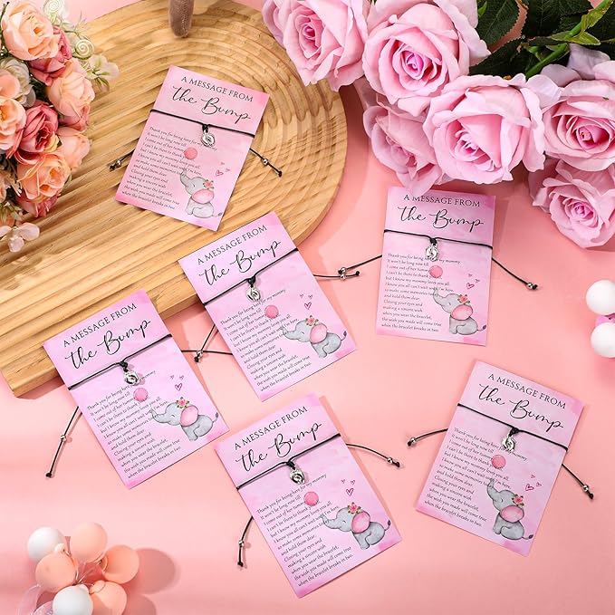 Thyle 50 Set Pink Elephant Baby Shower Favors for Guests Adjustable Bracelets with Message from the Bump Card Footprints Charm Baby Shower Bracelets for Gender Reveal Thank You Gifts