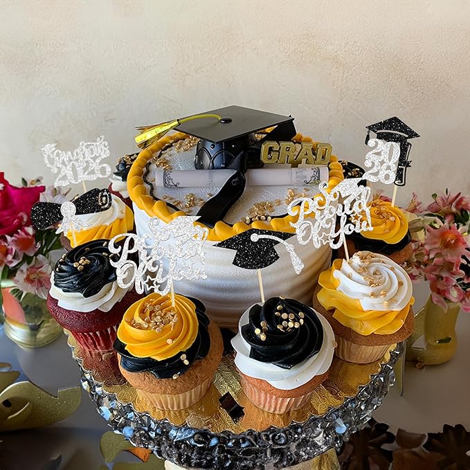Gyufise 24Pcs Graduation Cupcake Toppers 2026 Silver Glitter Class of 2026 Cupcake Toppers Supplies So Proud of You Congrats Grad Cap Diploma Cupcake Picks for Graduation Party Decorations
