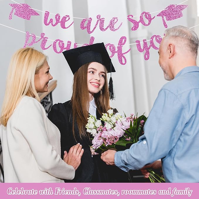 2026 Graduation Decorations Pre-Strung Blingbling We Are So Proud of You Banner Glitter Graduation Garland for Class of 2026 High School College Grad Party (Pink)