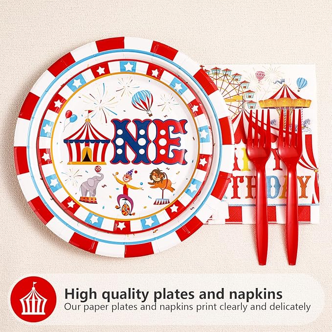 96Pcs Carnival 1st Birthday Party Decorations Carnival Circus First Birthday Plates and Napkins Tableware Sets Circus Theme Decoration Favors for Boys Girls Baby Shower One Year Old Supplies Serves 24