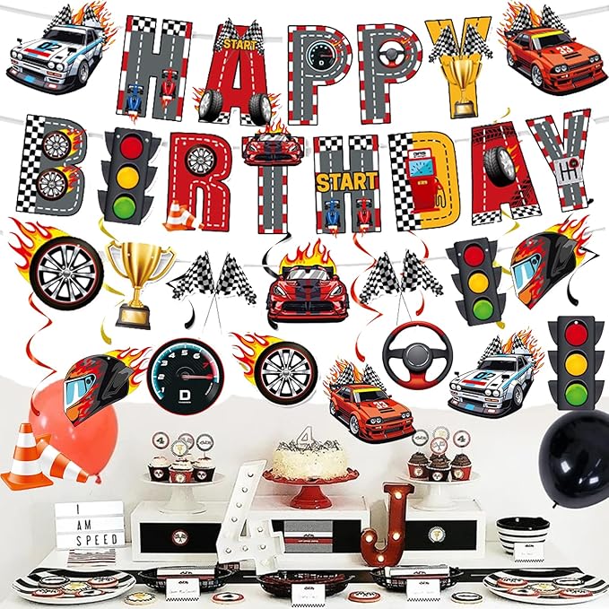 Zwiebeco Race Car Happy Birthday Banner Bunting Hanging Paper Swirls Garland Party Decorations for Racing Themed Boys Men Bday Baby Shower Decor Accessories Supplies