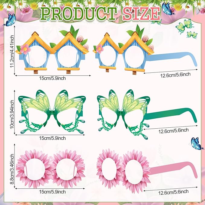 Pajean 32 Pack Spring Party Decorations Eyeglasses Springtime Themed Paper Glasses Supplies Flowers Butterflies Photo Booth Props Frame for Springtime Easter Tea Party Decoration Supplies