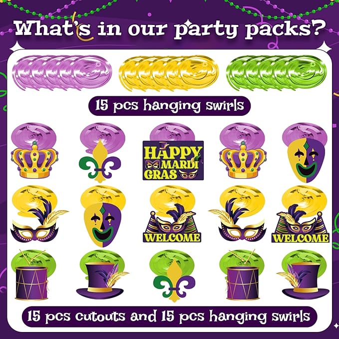 Mardi Gras Hanging Swirls, 45Pcs Happy Mardi Gras Ceiling Streamers Swirl Hanging Crown Mask Decorations for Masquerade New Orleans Party Suppies