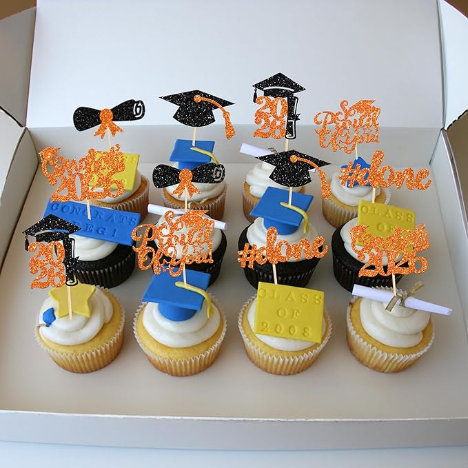 Gyufise 24Pcs 2026 Graduation Cupcake Toppers Orange Glitter Congrats Class of 2026 Done Diploma Grad Cap Cupcake Picks So Proud of you Cake Decoratiosn for 2026 Graduation Theme Party Supplies
