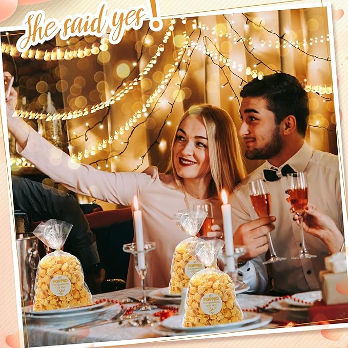 AIOMOB 100 Pack He Popped the Question Popcorn Bags Engagement Party Favors Decorations She Said Yes Sticker Clear Popcorn Favor Bags for Engagement Party Bridal Shower Wedding Supplies