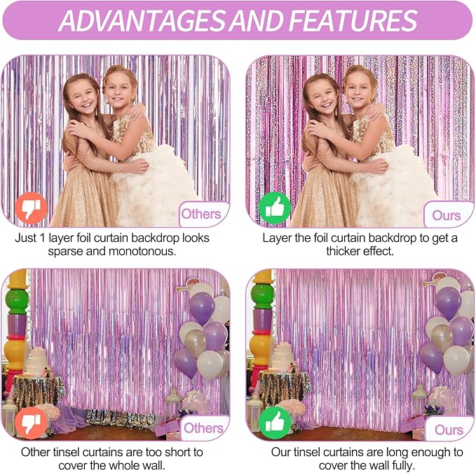 Crosize 4 Pack 3.3 x 9.9 ft Laser Pink Foil Fringe Curtains Party Decorations,Tinsel Curtain Backdrop for Parties, Door Streamers, Glitter Streamer Backdrop for Birthday Decoration