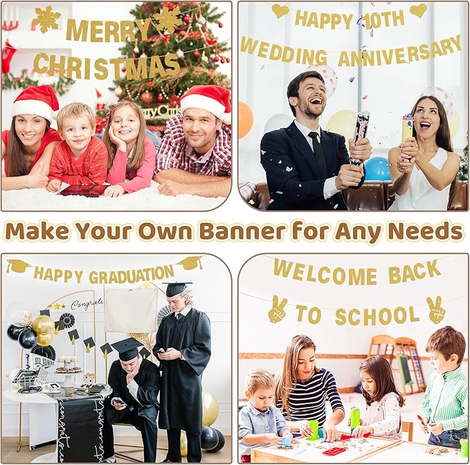 133PCS DIY Banner Kit with Letters Symbols,Make Your Own Banner,Personalized Gold Banner Custom Party Banner for Birthday/Graduation/Thanksgiving/Halloween/Valentine's Day/Retirement (Gold)