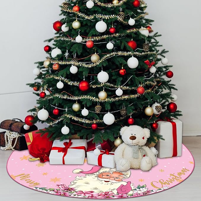 48 Inch Christmas Tree Skirt Double Layer Large Snowflake Xmas Tree Mat Decor for Winter Holiday Party Indoor Outdoor Christmas Decorations(Pink,Santa Claus)
