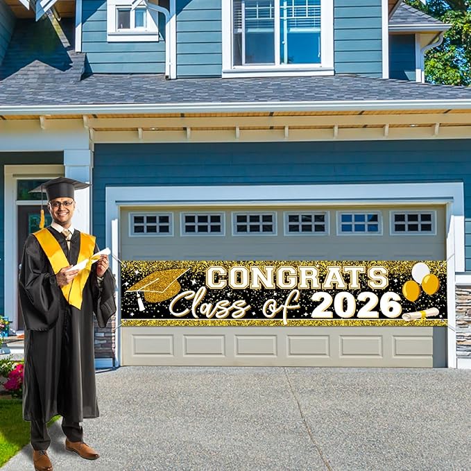 Large Congrats Grad Banner Gold Class of 2026 Banner Backdrop Graduation 2026 Yard Sign for Graduation Party Supplies Graduation Decorations 2026 (Gold)