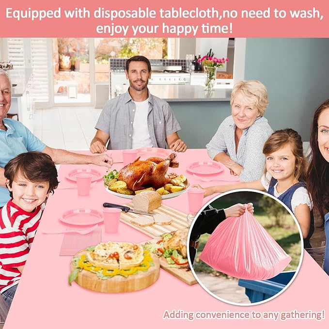 Pink Plastic Plates for Party,100 Guest Disposable Plastic Plate Set 9" Plates,7" Dessert Plates,Napkins,Cups,Forks & Tablecloth for Birthday,Wedding,Baby Shower,Girlfriends Tea Party
