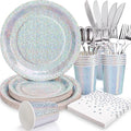 Iridescent Plates Party Supplies-168pcs Iridescent Party Decorations includes Holographic Plates Silver Dot Napkins and Silverware Set for Disco Winter Birthday Party Decorations Serves 24