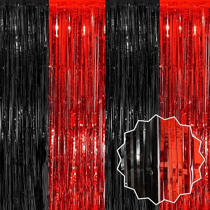 3 Pack Black and Red Foil Fringe Curtains Backdrop, 3.28 x 8.2 Ft Metallic Streamers Tinsel Curtains Background for Photo Booth, Birthday, Halloween, Christmas, New Year Party Decorations