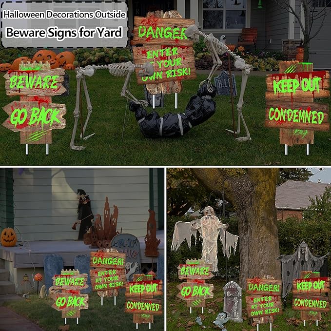 Halloween Decorations Beware Signs Yard Stakes Outdoor Creepy Assorted Warning Sign,Scary Zombie Theme Party Decor Supplies,3 Pieces